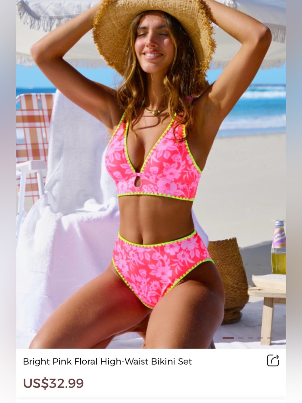 Girls' Pink Floral High-Waist Halter Bikini